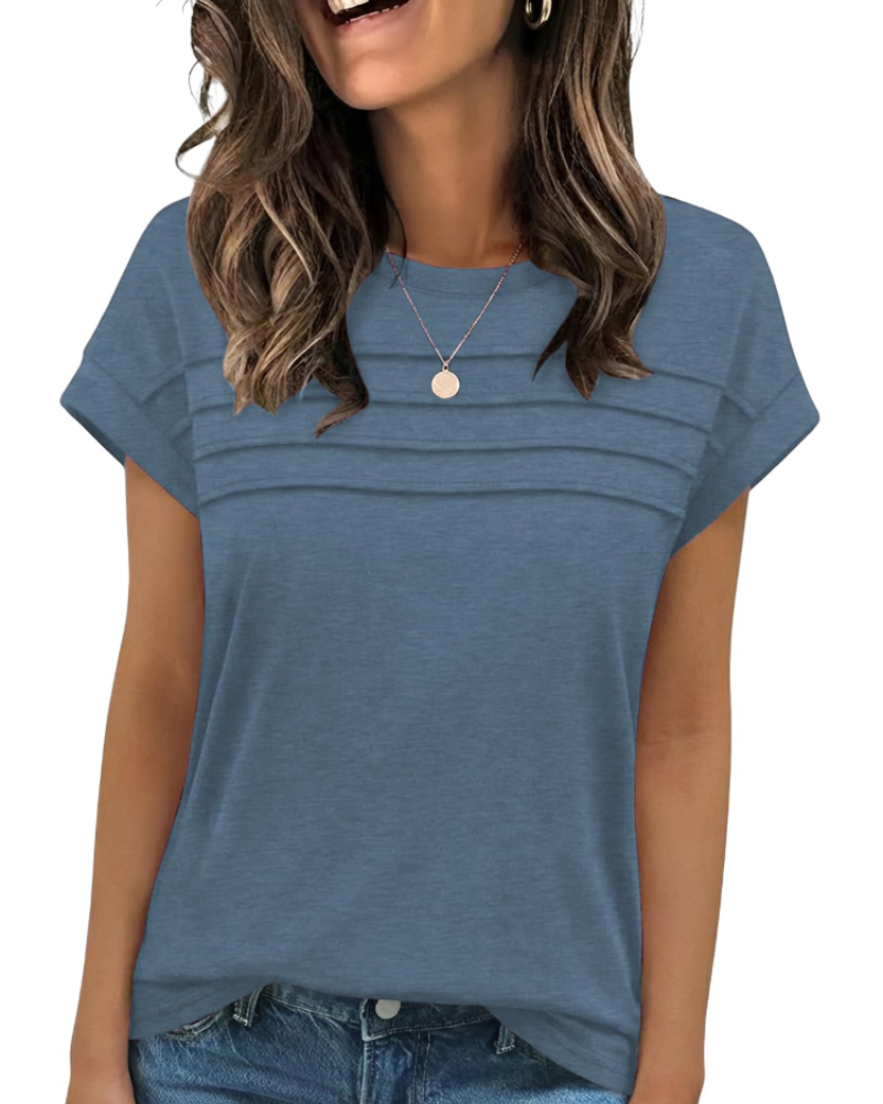 Nora T-Shirt Γυναικείο – Τοπ με Στρογγυλή Λαιμόκοψη, Διακοσμητικές Πτυχές & Κοντά Μανίκια