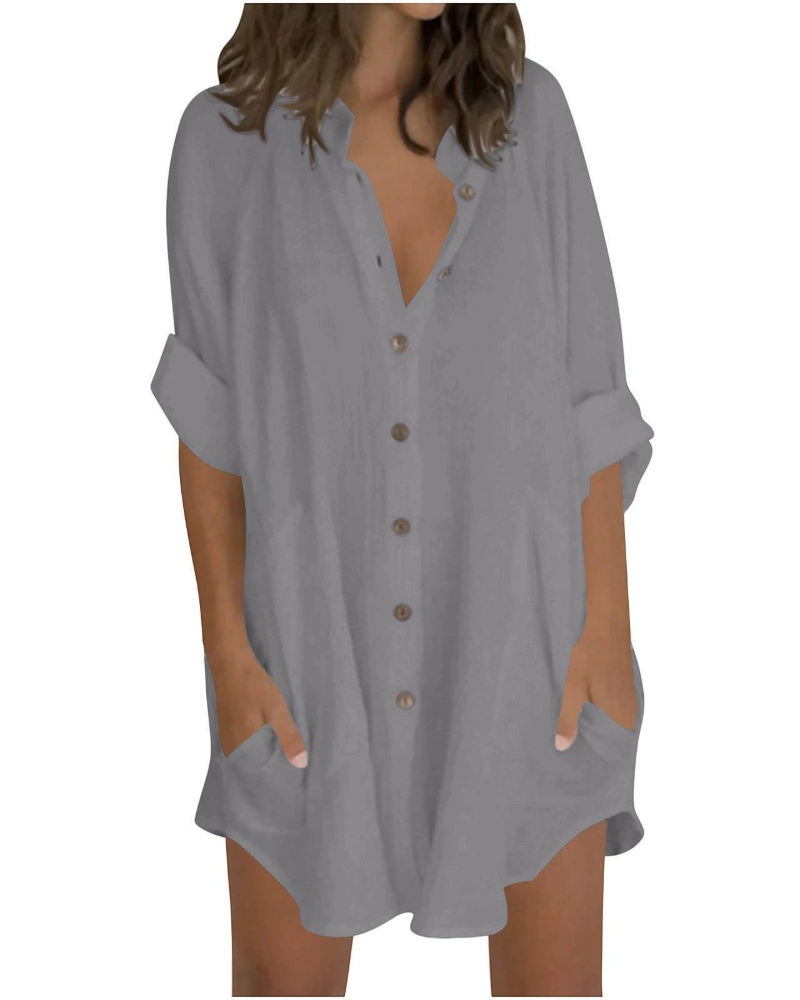Emma Blusa Donna – Camicia Oversize in Cotone Lino con Maniche 3/4 & Bottoni