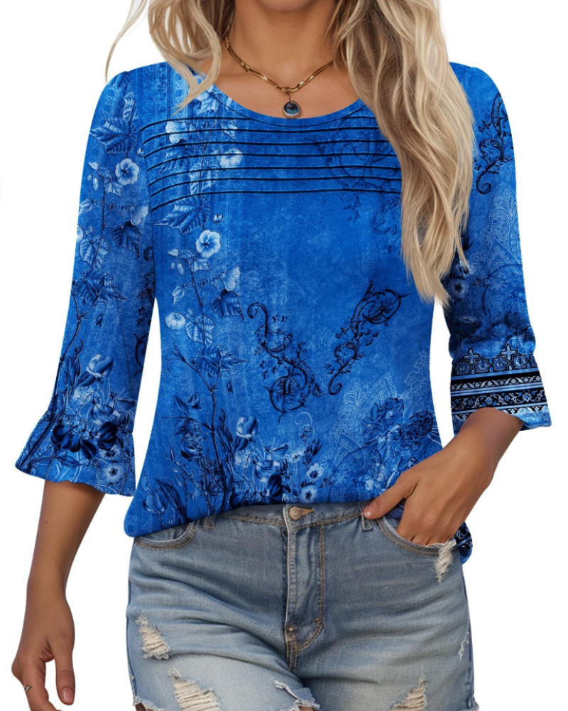 Clara Blusa Donna – Top Tunica con Maniche 3/4 a Volant, Girocollo & Pieghe Frontali