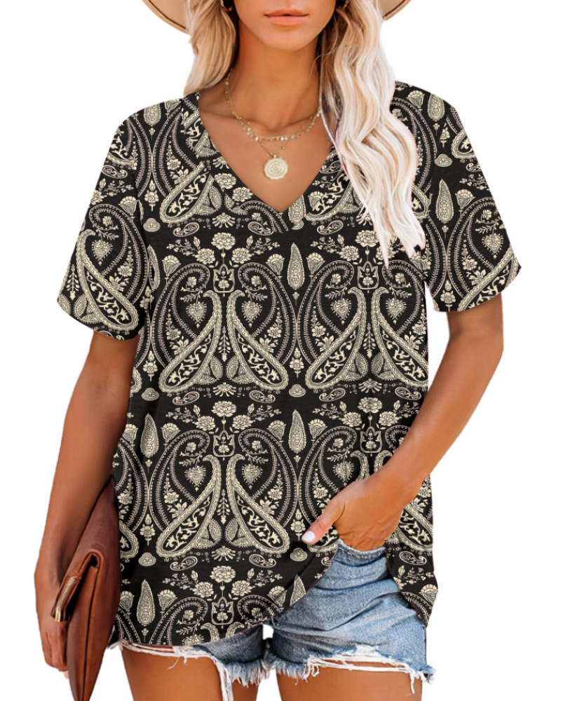 Γυναικείο T-Shirt Grace – Τοπ με V Λαιμόκοψη, Ριγέ Μανίκια και Άνετη Γραμμή