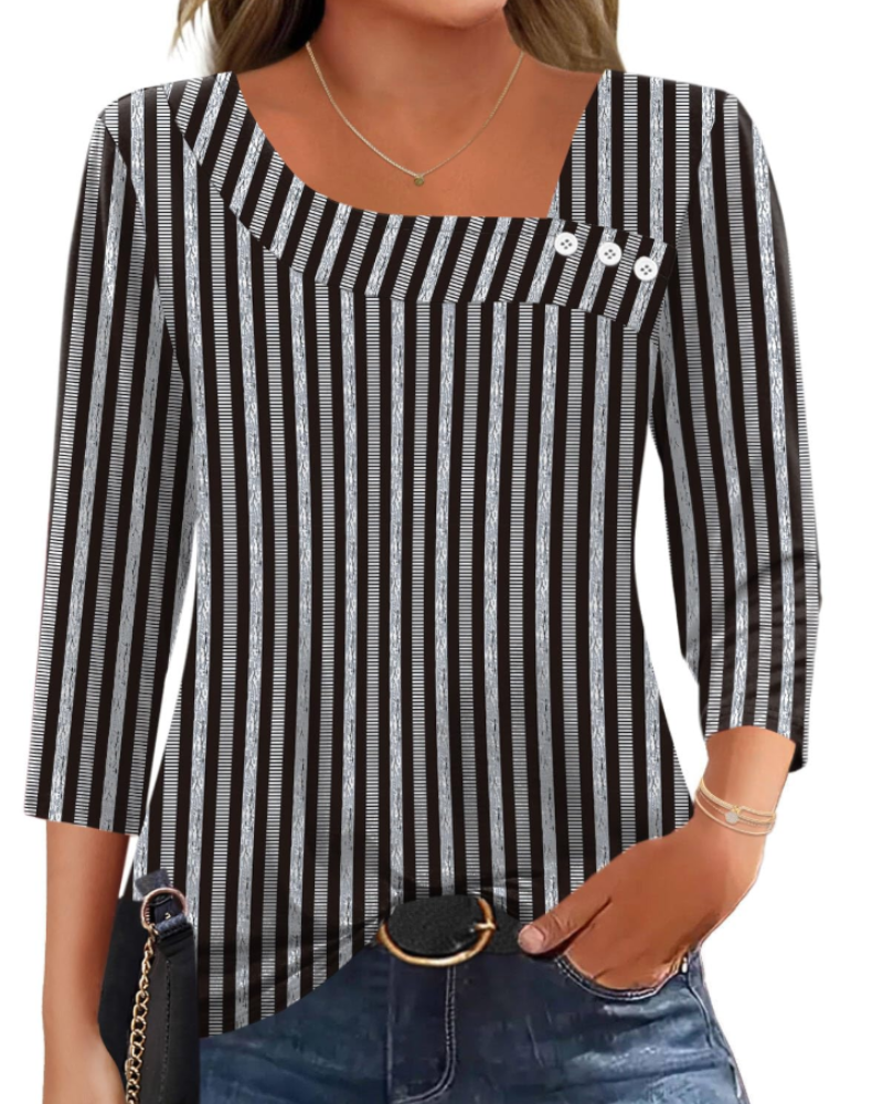 Elisa Damenbluse – Asymmetrisches Top mit 3/4-Ärmeln, Knöpfen und Stretchstoff