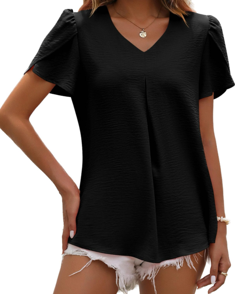 Elena Bluse Dame – Topp i chiffon med V-hals, folder og korte ermer