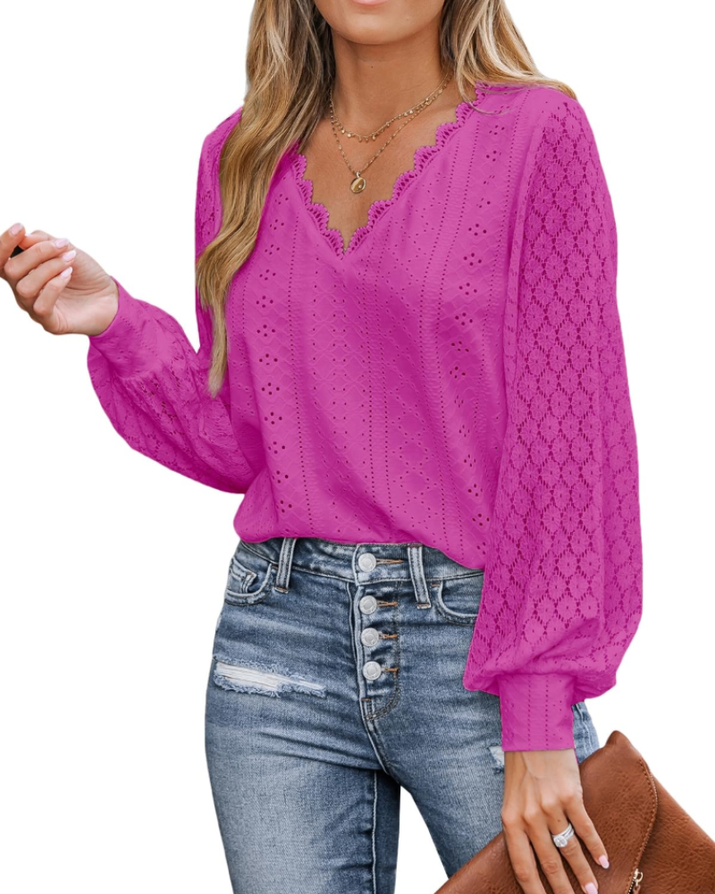 Victoria Blusa Donna – Top in Pizzo con Scollo a V, Maniche Lunghe & Dettagli Cut-Out
