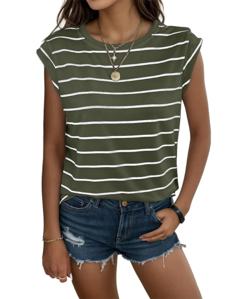 Hannah T-Shirt damska – top w paski z okrągłym dekoltem, rękawami z falbanką i luźnym krojem