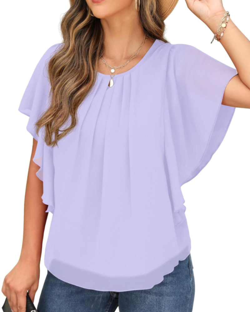 Hazel Women's Blouse – Two-Layer Chiffon Top with Batwing Sleeves & Pleats
