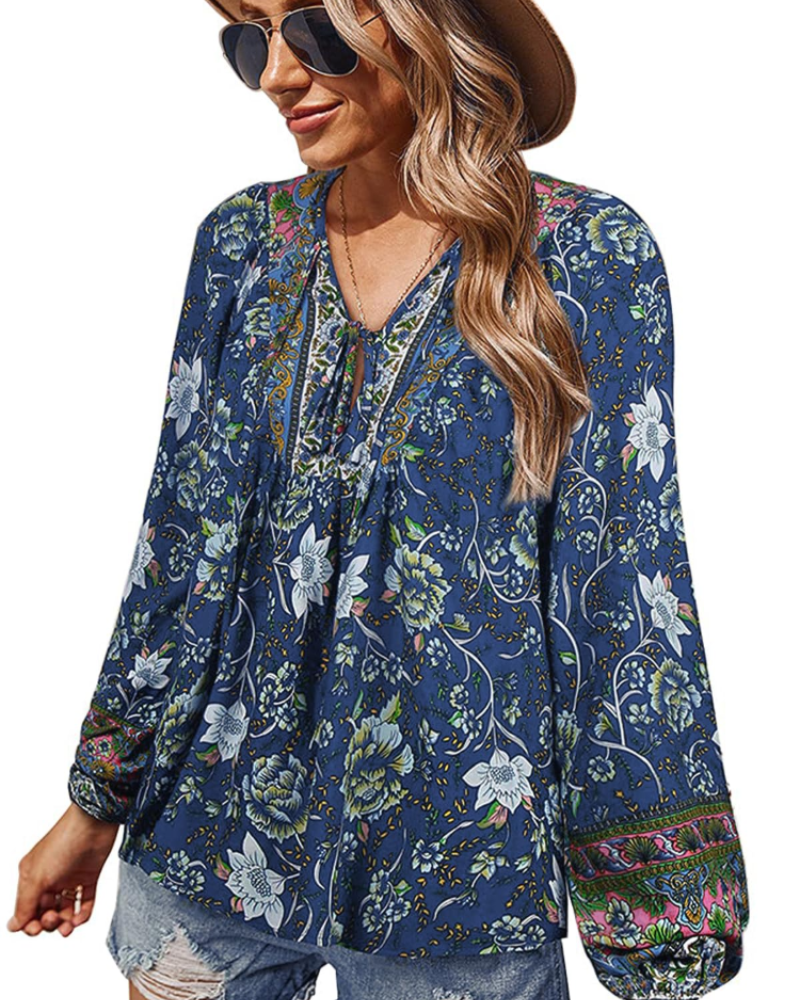 Diana Bluse Damen – Boho-Top mit Blumenmuster aus Viskose, V-Ausschnitt und Puffärmeln