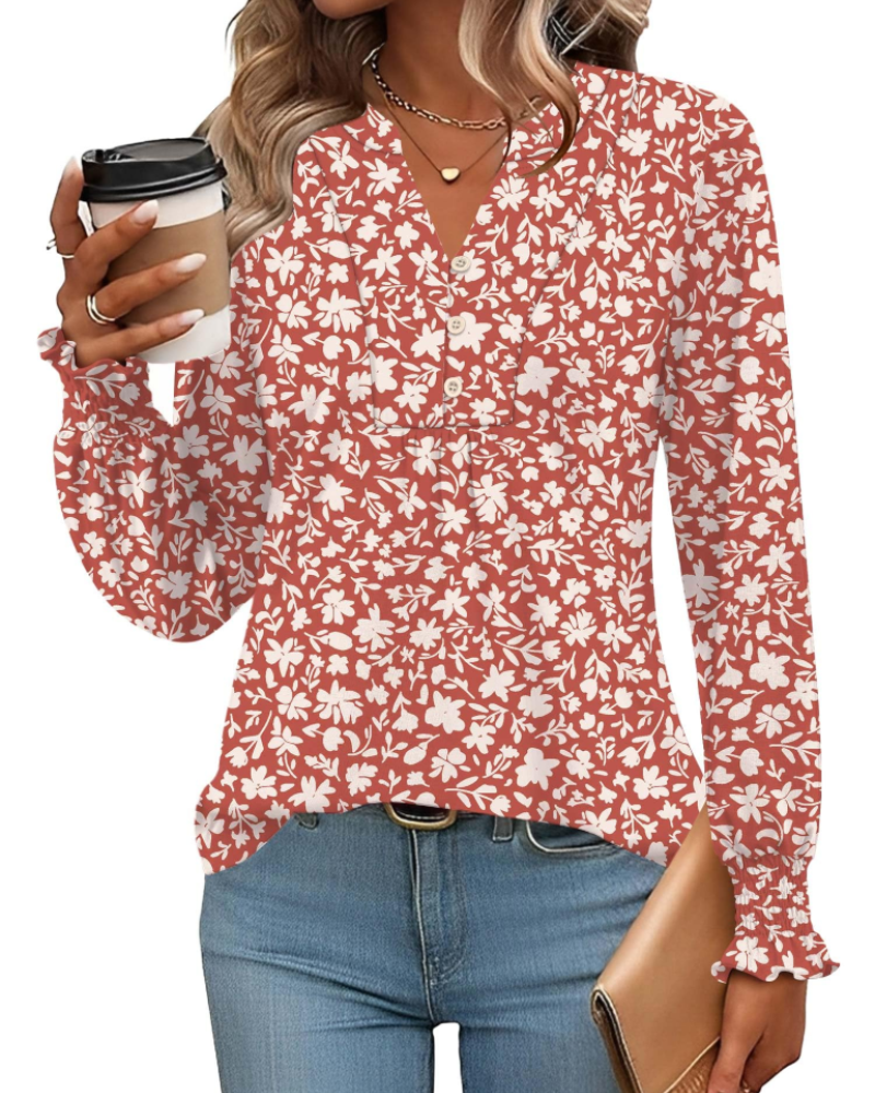 Freya Damenbluse – Florales Top mit V-Ausschnitt, langen Ärmeln und plissiertem Saum