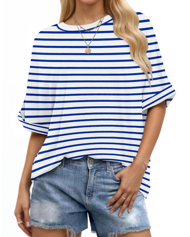 Γυναικείο T-Shirt Aubrey – Oversize Τοπ με Στρογγυλή Λαιμόκοψη, Γυρισμένα Μανίκια και Άνετη Γραμμή