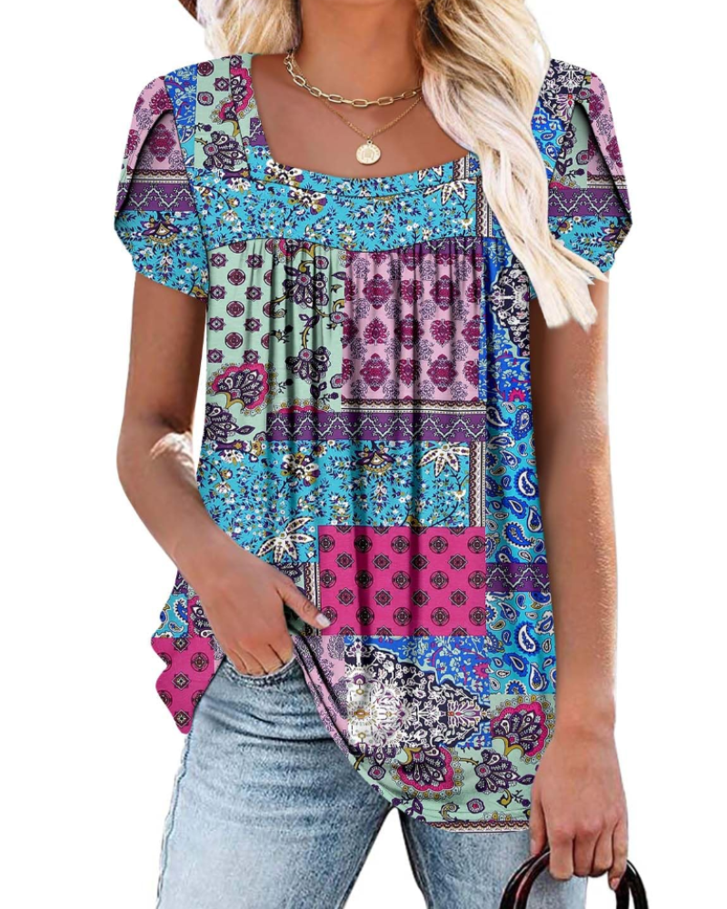 Emma Women's Blouse – Soft Top with Square Neckline, Vibrant Print & Short Sleeves