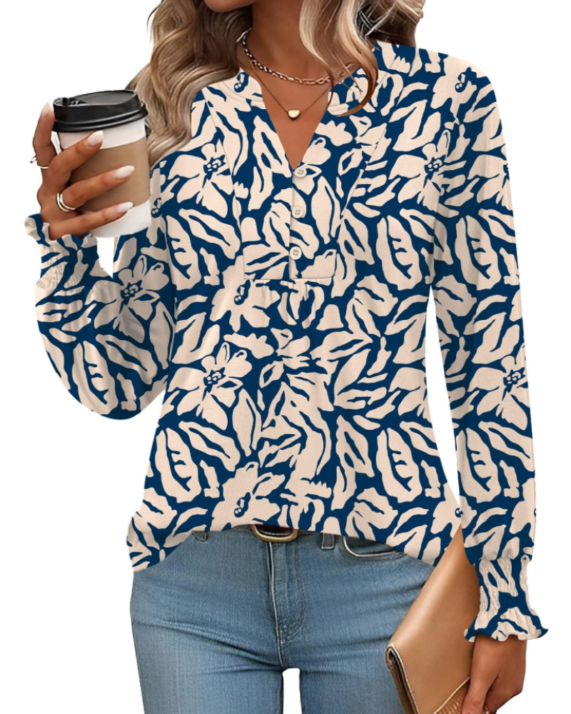 Freya Damenbluse – Florales Top mit V-Ausschnitt, langen Ärmeln und plissiertem Saum