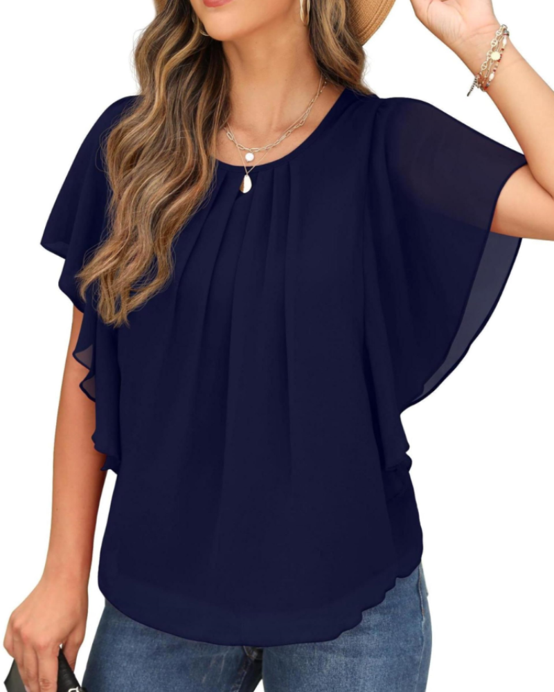 Hazel Women's Blouse – Two-Layer Chiffon Top with Batwing Sleeves & Pleats