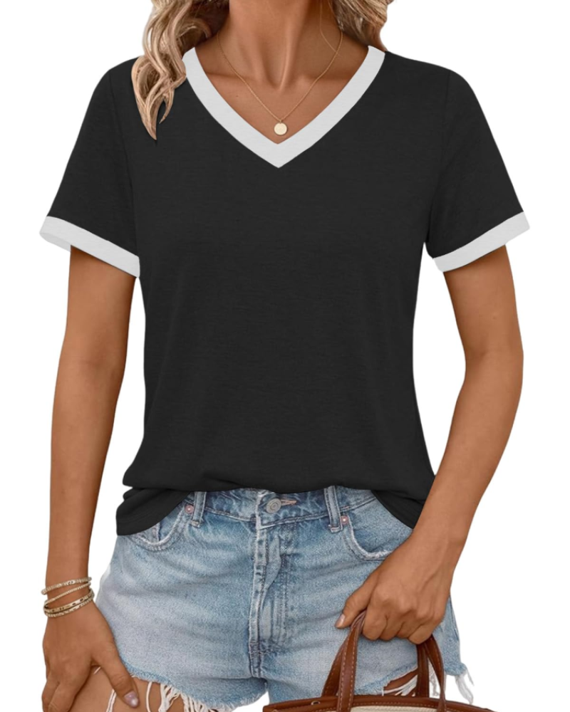 Avery Γυναικεία Μπλούζα με V Λαιμόκοψη – Μαλακό Casual T-Shirt με Κοντά Μανίκια και Ραφές σε Αντίθεση