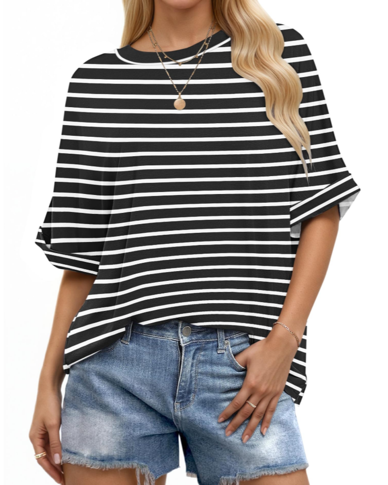 Γυναικείο T-Shirt Aubrey – Oversize Τοπ με Στρογγυλή Λαιμόκοψη, Γυρισμένα Μανίκια και Άνετη Γραμμή