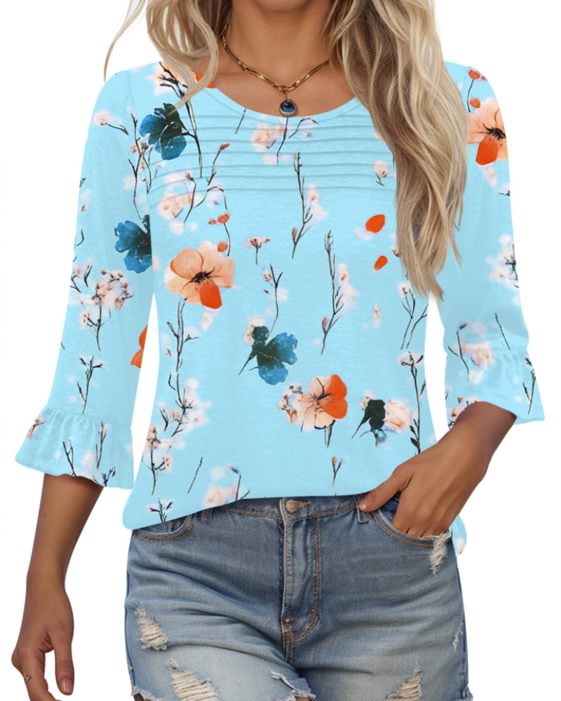Clara Blusa Donna – Top Tunica con Maniche 3/4 a Volant, Girocollo & Pieghe Frontali