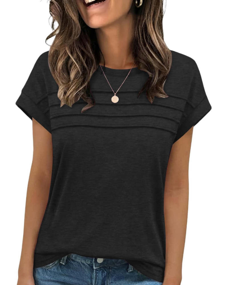 Nora T-Shirt Γυναικείο – Τοπ με Στρογγυλή Λαιμόκοψη, Διακοσμητικές Πτυχές & Κοντά Μανίκια