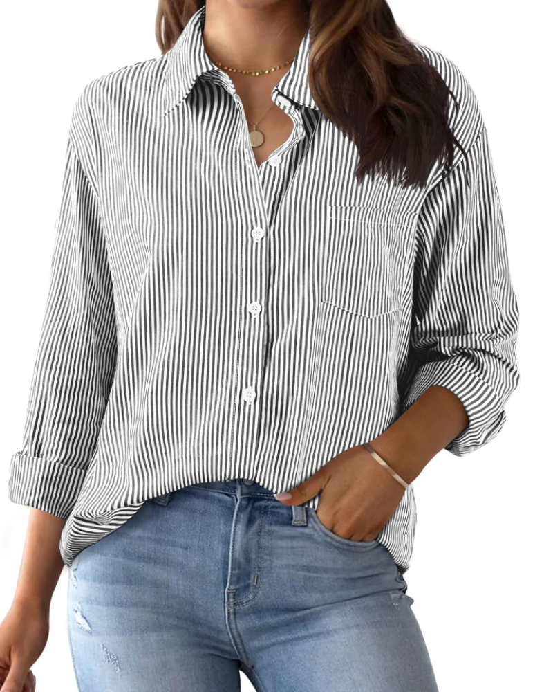 Harper Camicia Donna – Blusa Oversize in Cotone a Righe con Bottoni, Colletto & Tasca