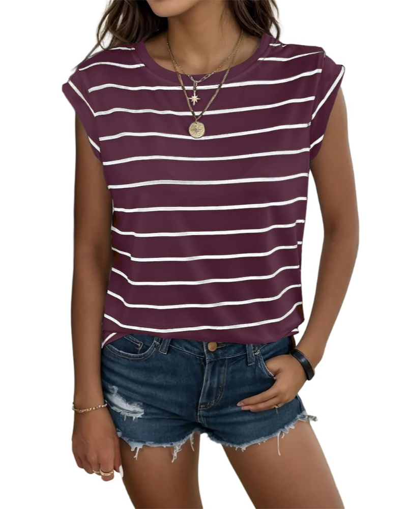 Hannah T-Shirt damska – top w paski z okrągłym dekoltem, rękawami z falbanką i luźnym krojem