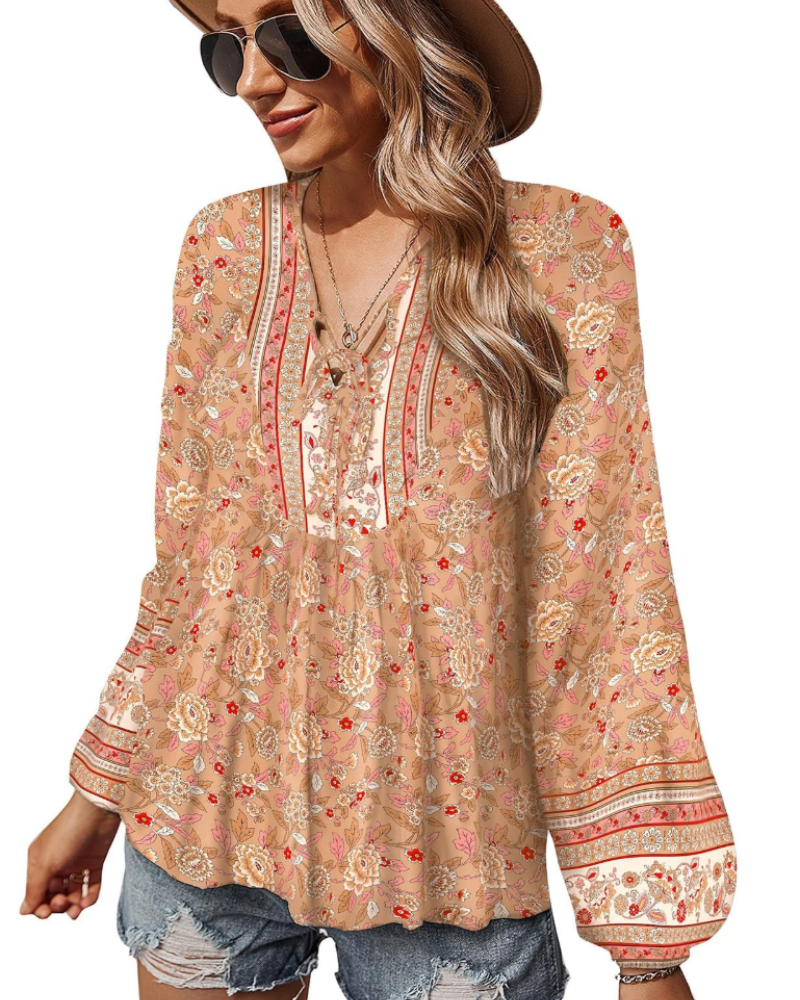 Diana Bluse Damen – Boho-Top mit Blumenmuster aus Viskose, V-Ausschnitt und Puffärmeln