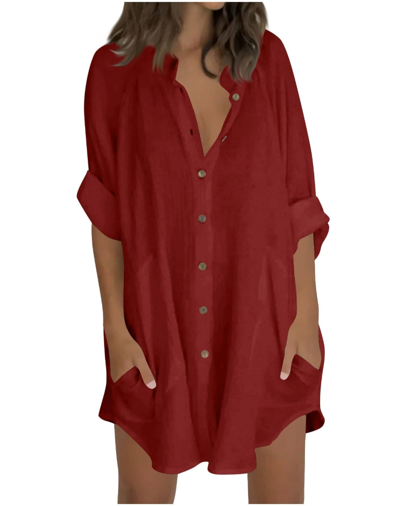 Emma Blusa Donna – Camicia Oversize in Cotone Lino con Maniche 3/4 & Bottoni