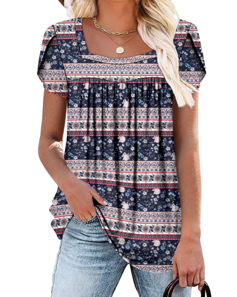 Emma Women's Blouse – Soft Top with Square Neckline, Vibrant Print & Short Sleeves