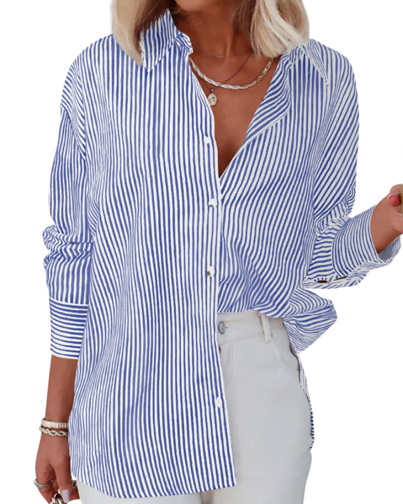 Chloe Camicia Donna – Blusa a Righe con Scollo a V, Bottoni & Maniche Lunghe