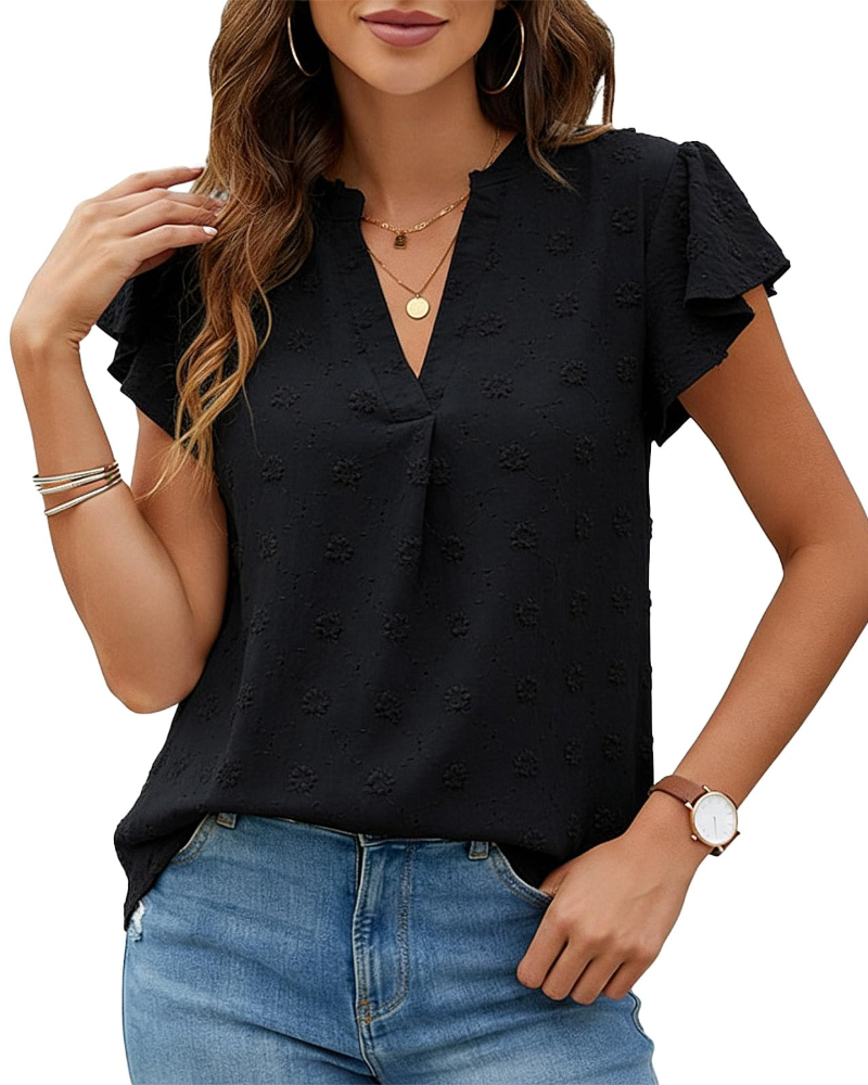 Blouse Femme Ella – Top en chiffon à pois avec col en V, manches volantées et coupe ample