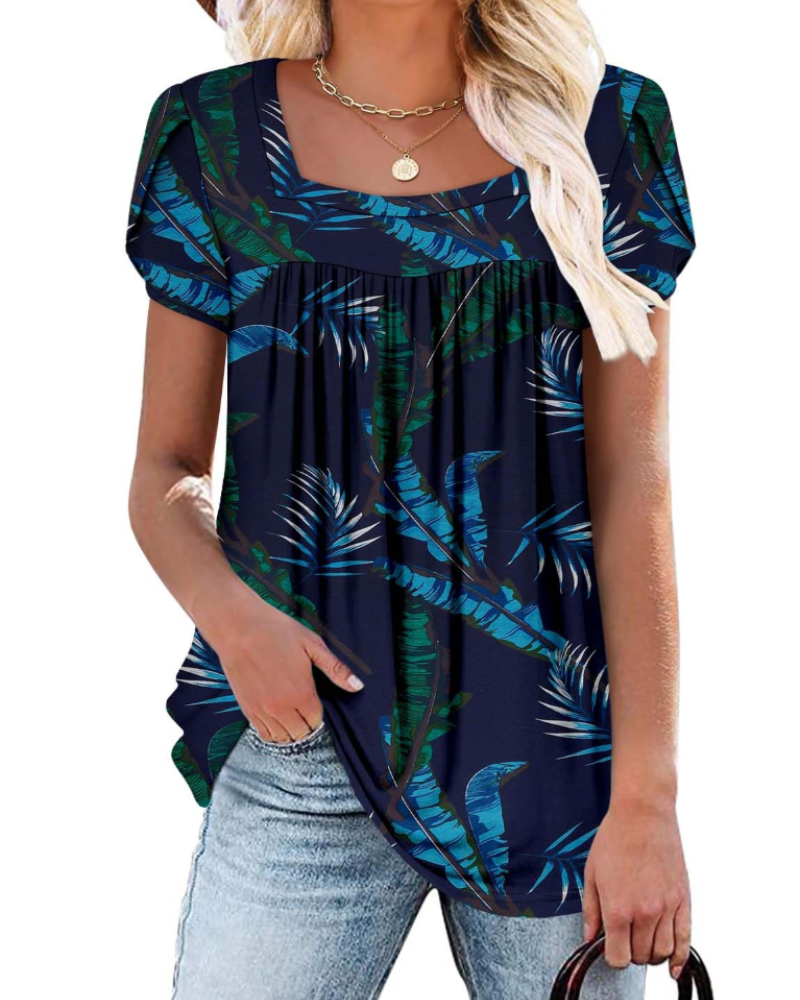 Emma Women's Blouse – Soft Top with Square Neckline, Vibrant Print & Short Sleeves