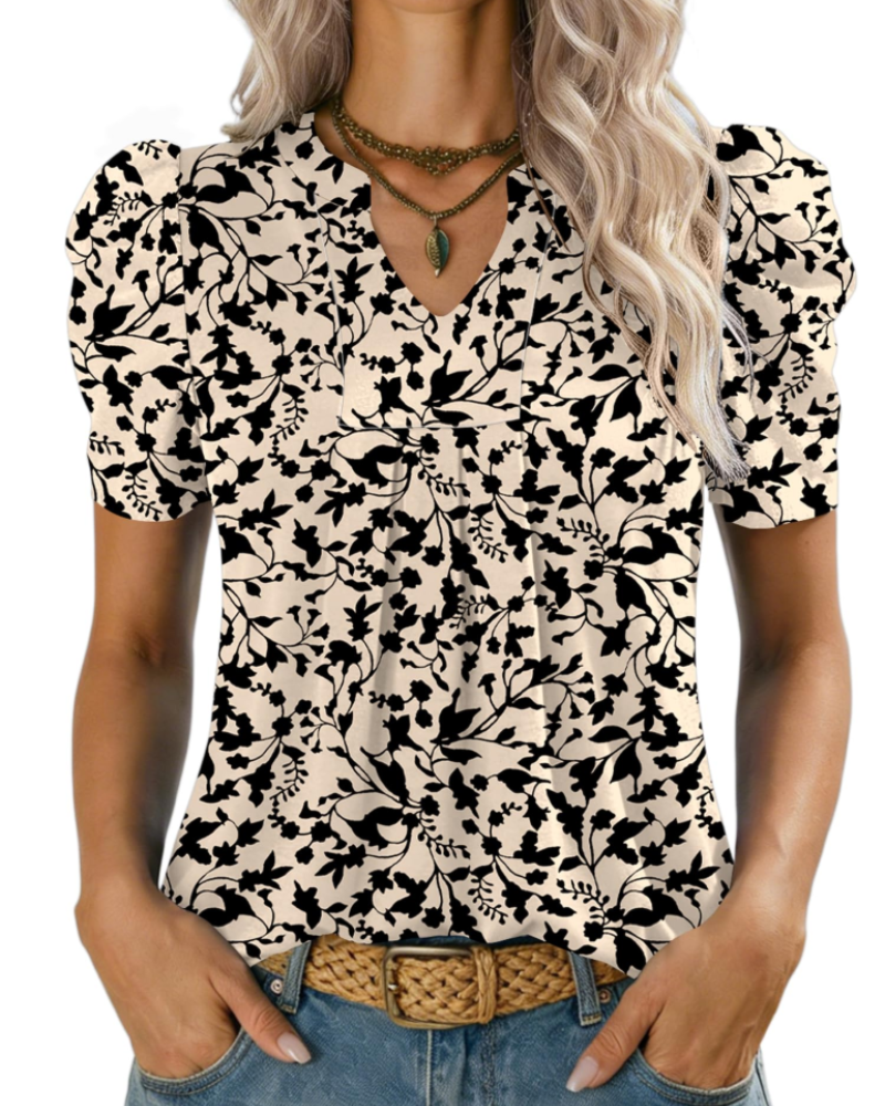Emma Bluse Dame – Elegant Topp med V-hals, Puffermet og Løs Passform