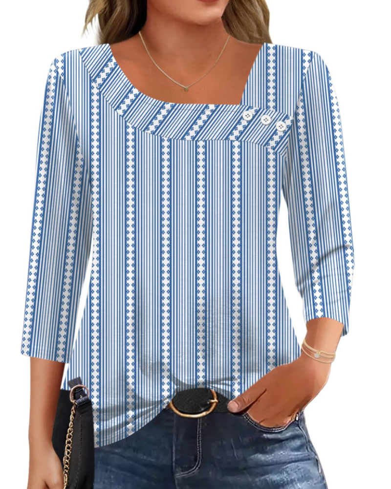 Elisa Damenbluse – Asymmetrisches Top mit 3/4-Ärmeln, Knöpfen und Stretchstoff
