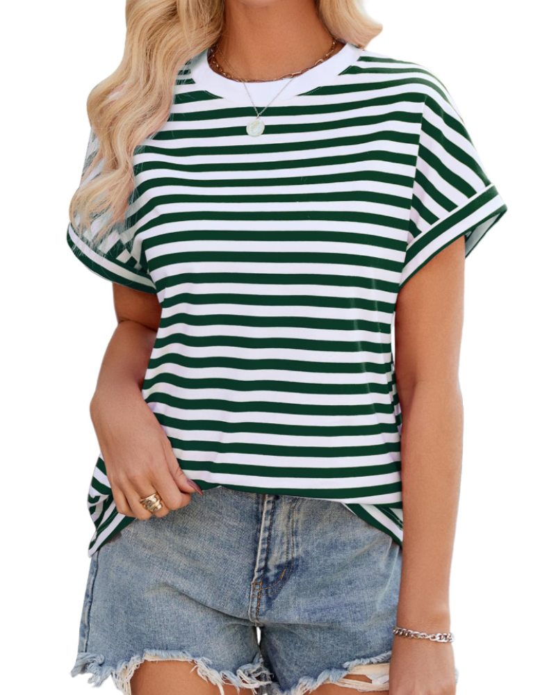 Koszulka Lily dla kobiet – oversize top z bawełny w paski z okrągłym dekoltem i krótkimi rękawami