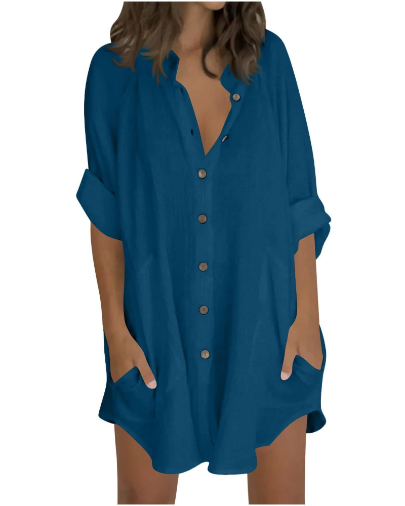 Emma Blusa Donna – Camicia Oversize in Cotone Lino con Maniche 3/4 & Bottoni
