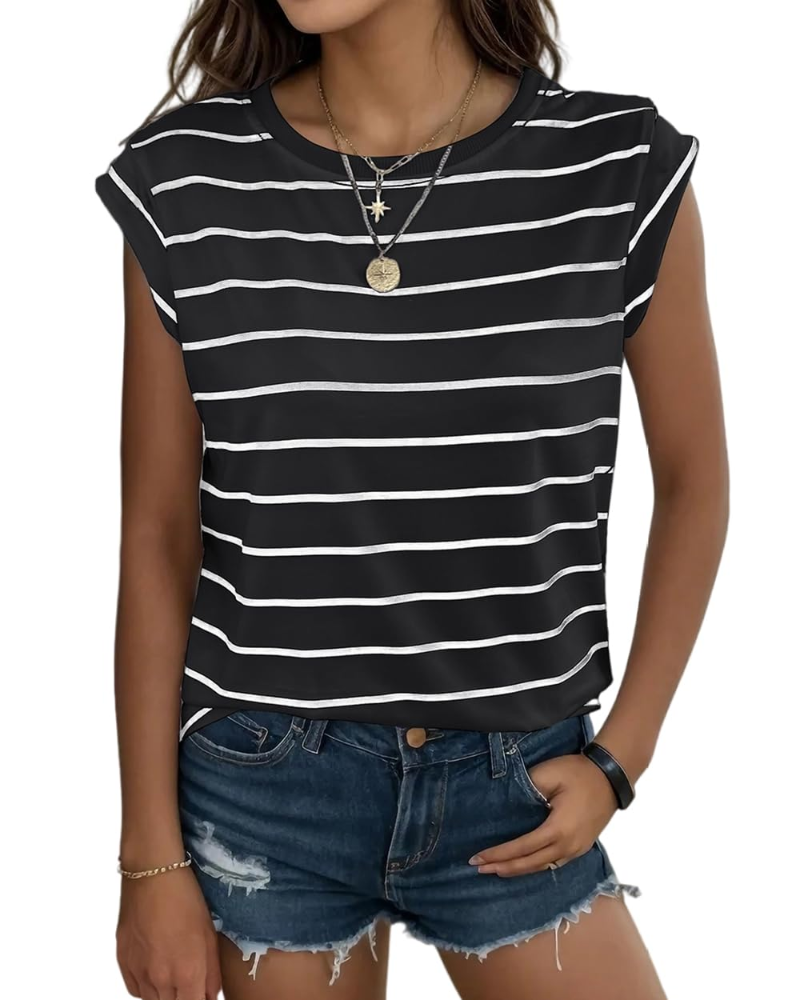 Hannah T-Shirt damska – top w paski z okrągłym dekoltem, rękawami z falbanką i luźnym krojem