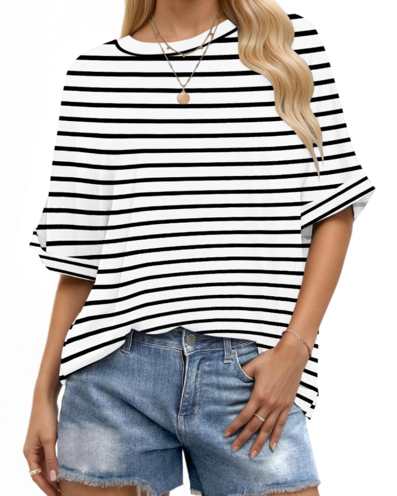 Γυναικείο T-Shirt Aubrey – Oversize Τοπ με Στρογγυλή Λαιμόκοψη, Γυρισμένα Μανίκια και Άνετη Γραμμή