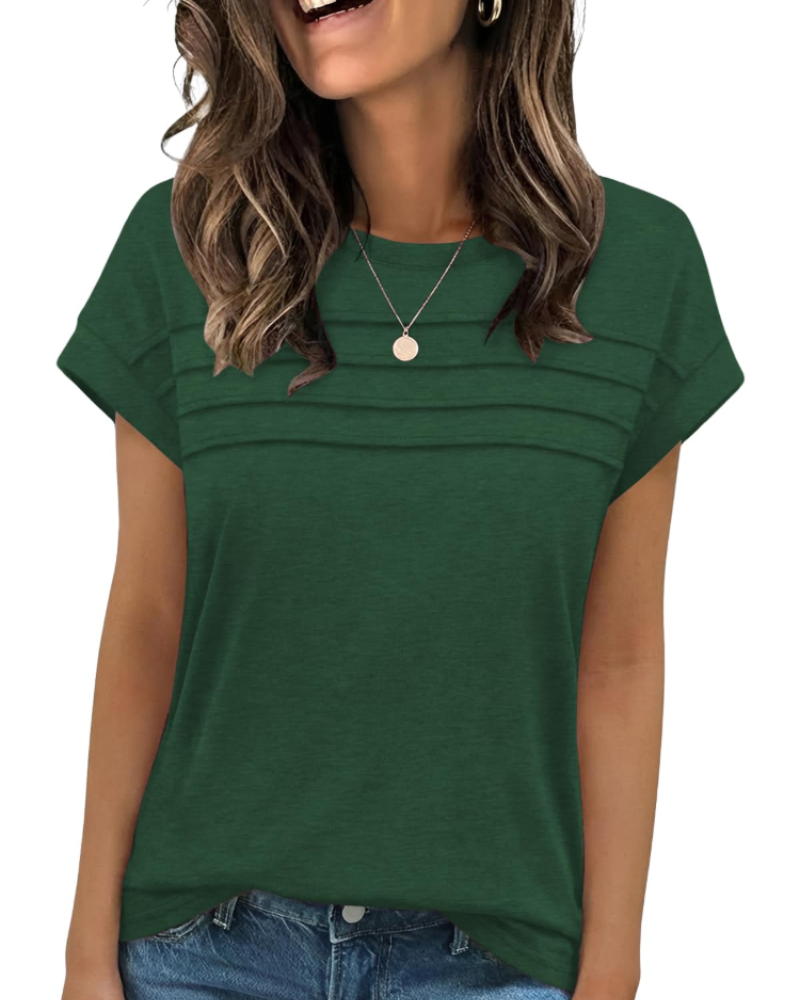 Nora T-Shirt Γυναικείο – Τοπ με Στρογγυλή Λαιμόκοψη, Διακοσμητικές Πτυχές & Κοντά Μανίκια