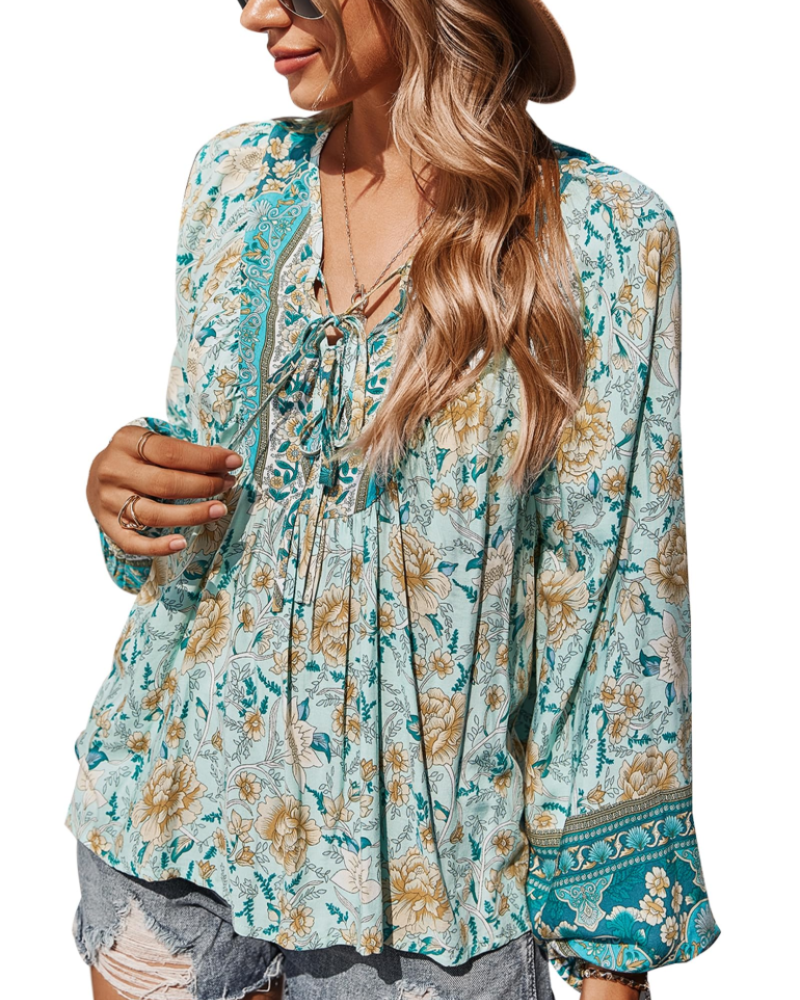 Diana Bluse Damen – Boho-Top mit Blumenmuster aus Viskose, V-Ausschnitt und Puffärmeln