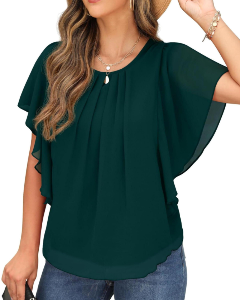 Hazel Women's Blouse – Two-Layer Chiffon Top with Batwing Sleeves & Pleats