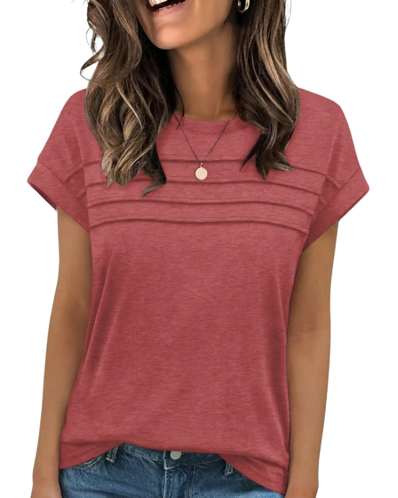 Nora T-Shirt Γυναικείο – Τοπ με Στρογγυλή Λαιμόκοψη, Διακοσμητικές Πτυχές & Κοντά Μανίκια