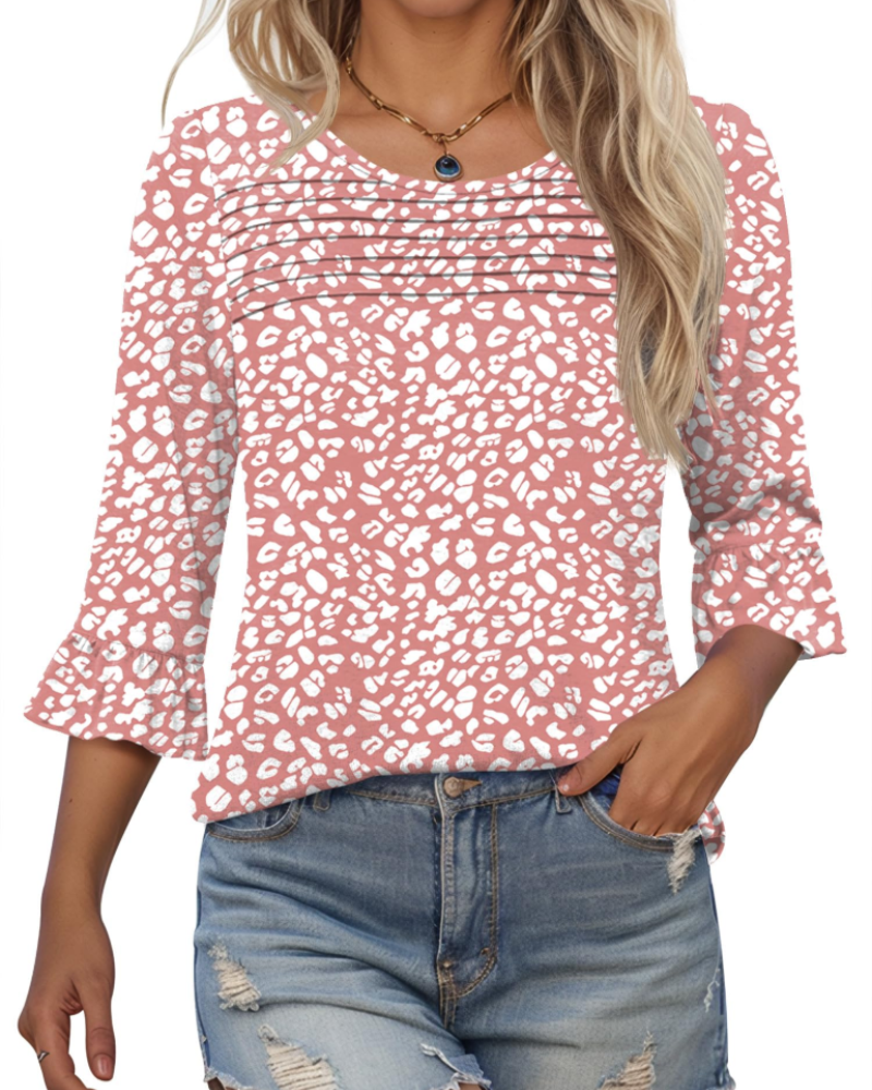 Clara Blusa Donna – Top Tunica con Maniche 3/4 a Volant, Girocollo & Pieghe Frontali