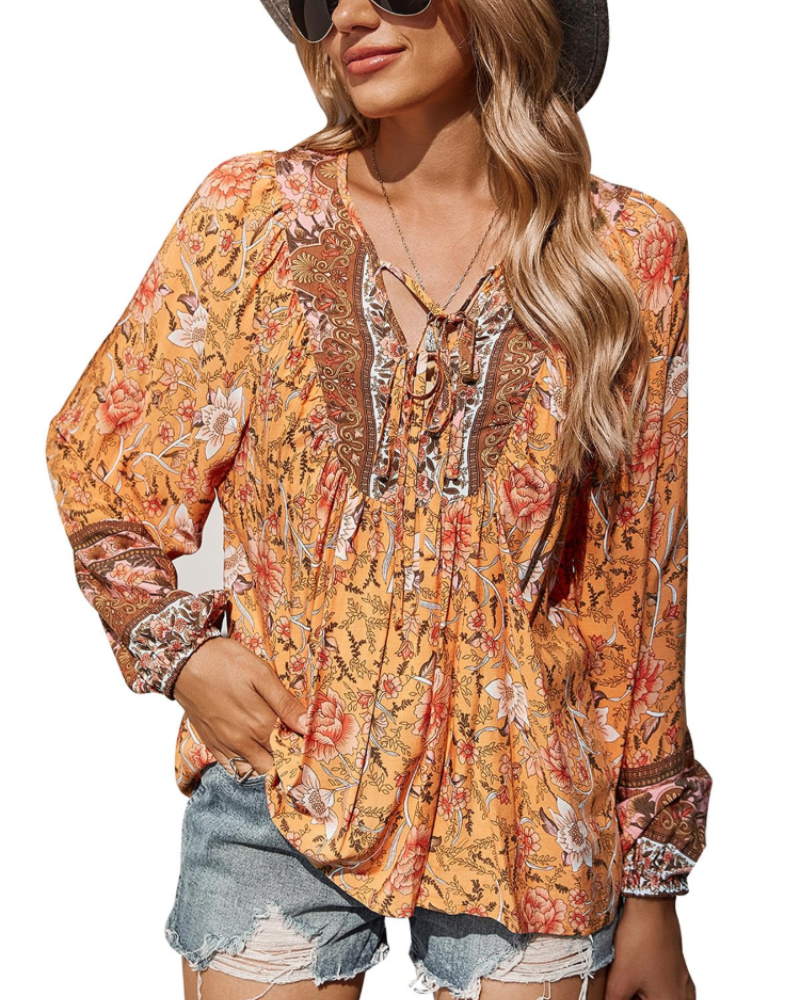 Diana Bluse Damen – Boho-Top mit Blumenmuster aus Viskose, V-Ausschnitt und Puffärmeln