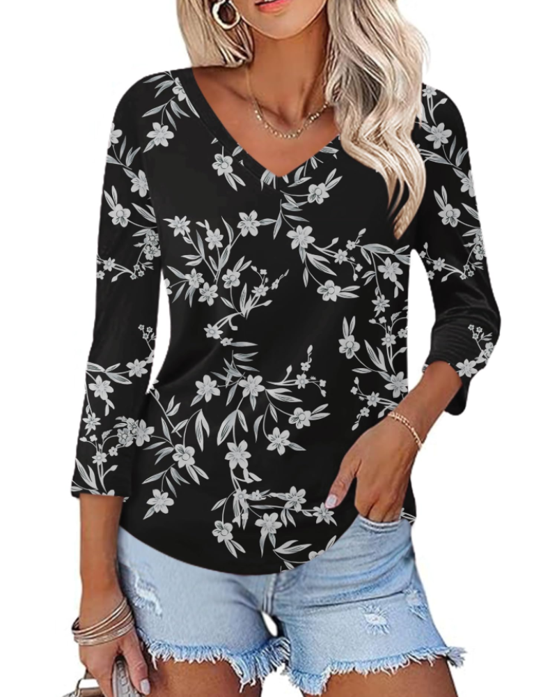 Camila Top Donna – Blusa con Scollo a V, Maniche 3/4 & Stampa Floreale