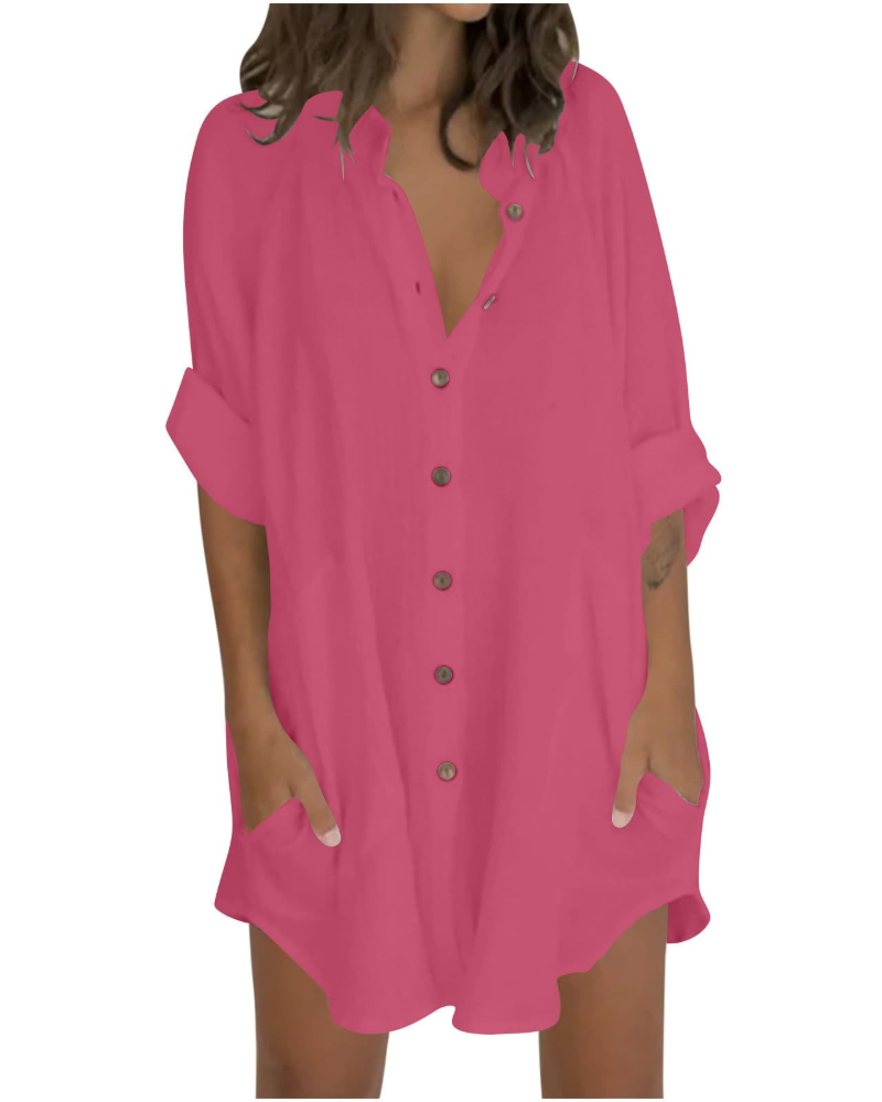 Emma Blusa Donna – Camicia Oversize in Cotone Lino con Maniche 3/4 & Bottoni