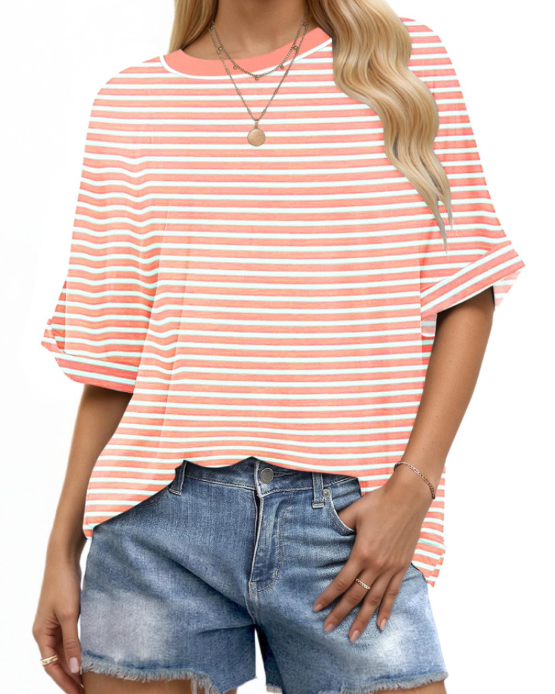 Γυναικείο T-Shirt Aubrey – Oversize Τοπ με Στρογγυλή Λαιμόκοψη, Γυρισμένα Μανίκια και Άνετη Γραμμή