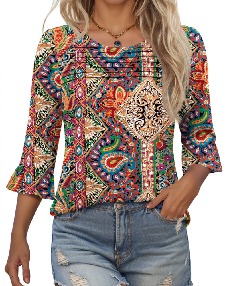 Clara Blusa Donna – Top Tunica con Maniche 3/4 a Volant, Girocollo & Pieghe Frontali