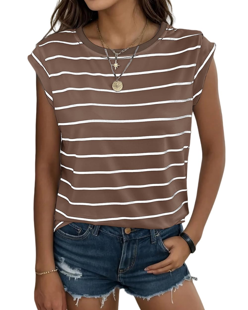 Hannah T-Shirt damska – top w paski z okrągłym dekoltem, rękawami z falbanką i luźnym krojem