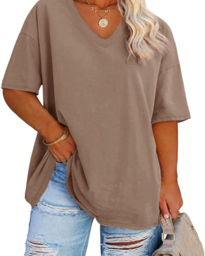 Grace T-Shirt Γυναικείο – Plus Size Τοπ με V Λαιμόκοψη, Μανίκια Μέχρι τον Αγκώνα & Χαλαρή Γραμμή