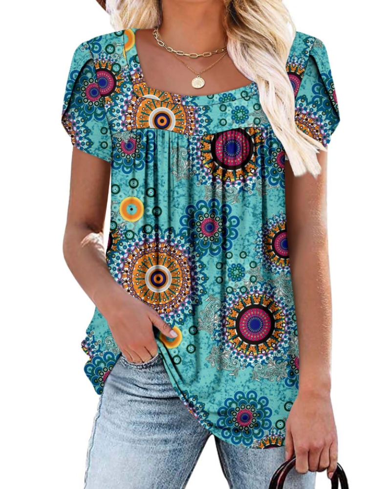 Emma Women's Blouse – Soft Top with Square Neckline, Vibrant Print & Short Sleeves
