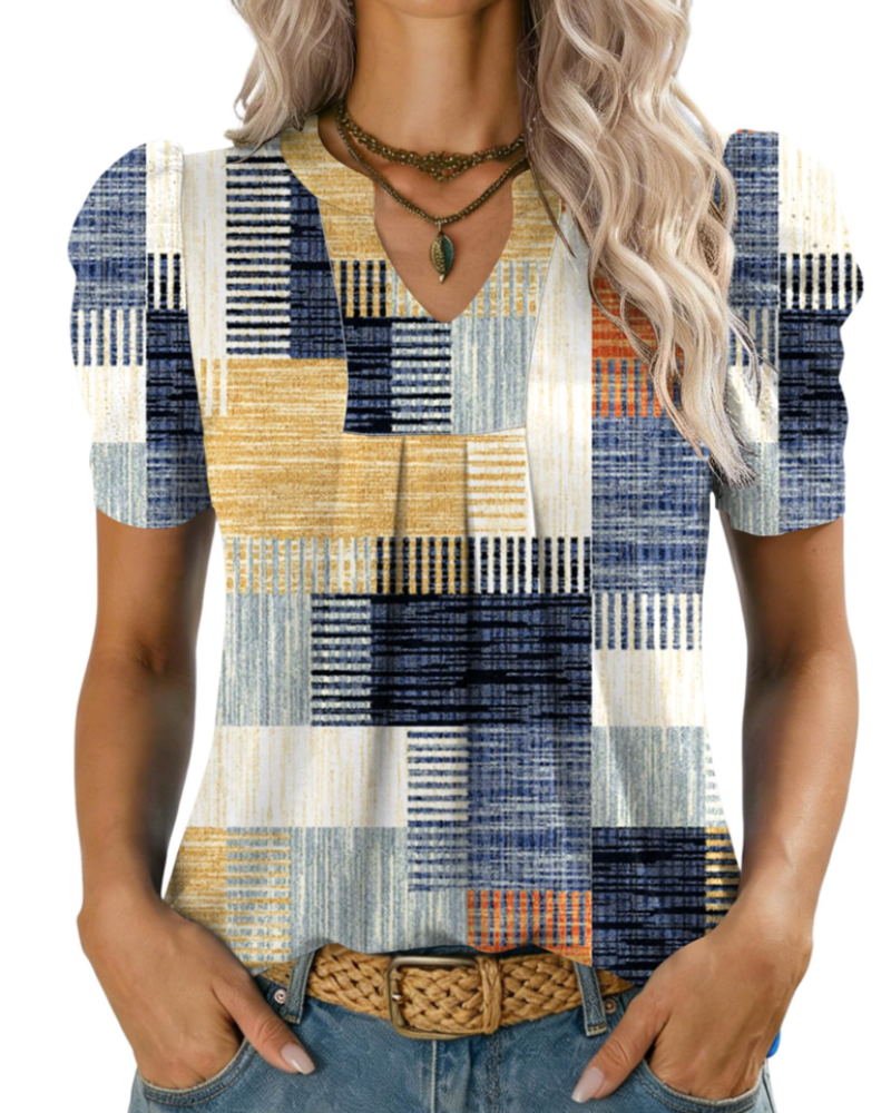 Emma Bluse Dame – Elegant Topp med V-hals, Puffermet og Løs Passform