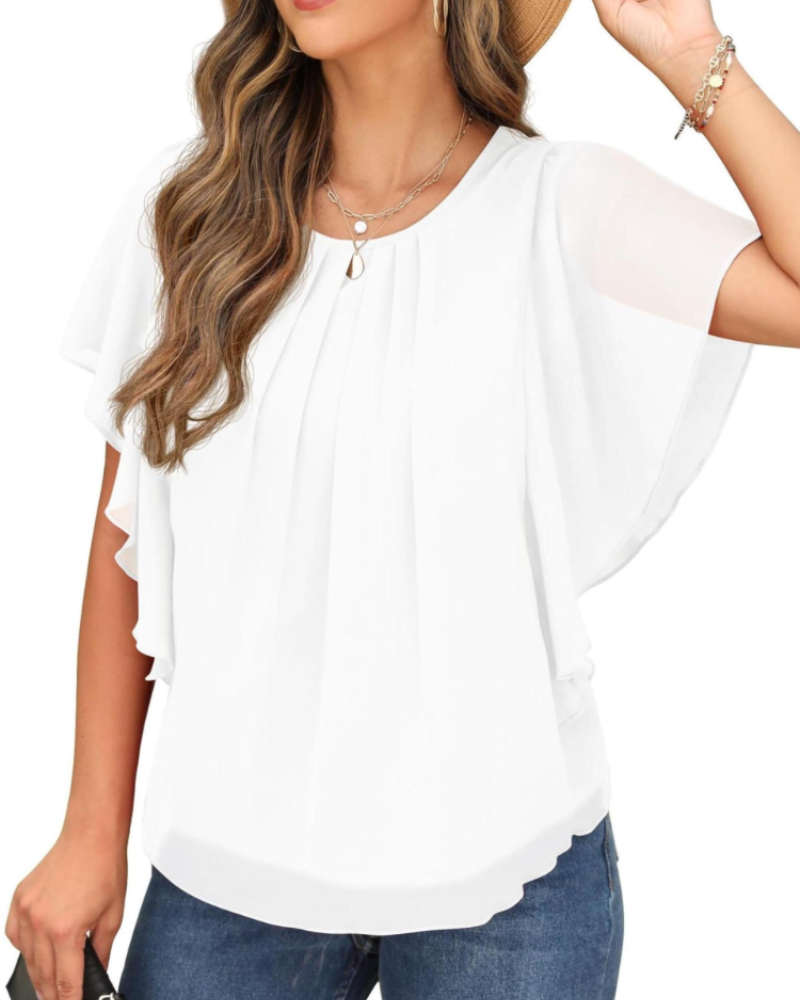 Hazel Women's Blouse – Two-Layer Chiffon Top with Batwing Sleeves & Pleats