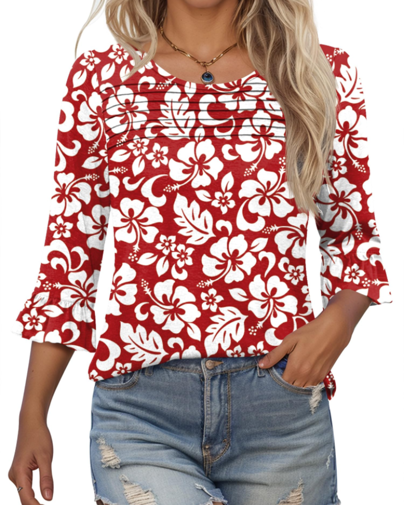 Clara Blusa Donna – Top Tunica con Maniche 3/4 a Volant, Girocollo & Pieghe Frontali