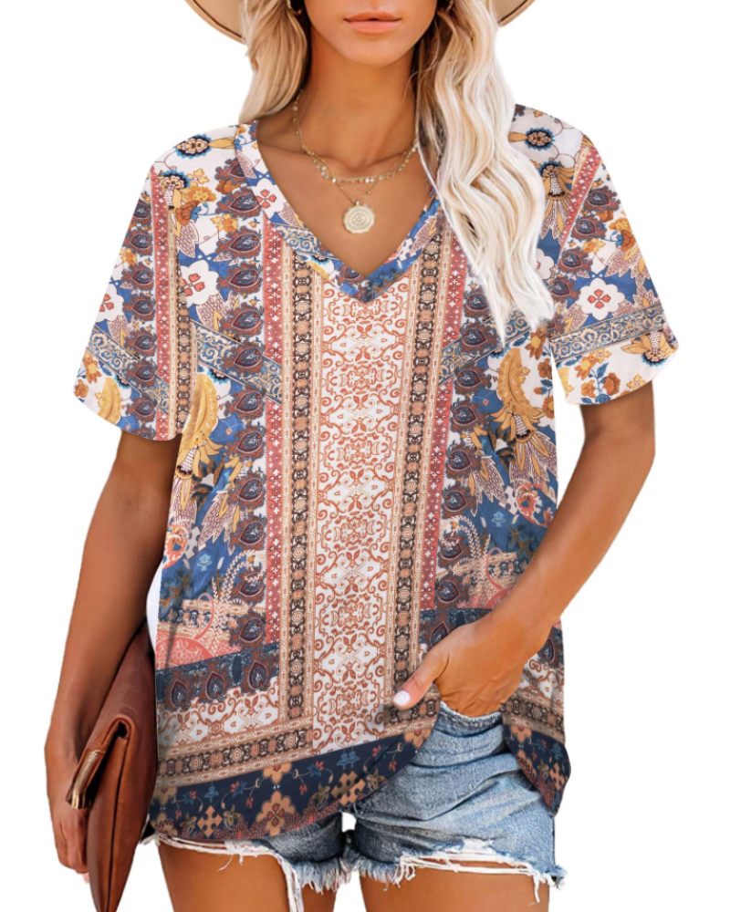 Γυναικείο T-Shirt Grace – Τοπ με V Λαιμόκοψη, Ριγέ Μανίκια και Άνετη Γραμμή